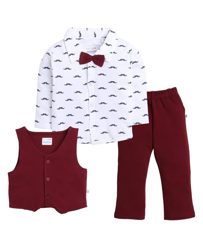 BUMZEE Boys Shirt Waistcoat & Pant Set - Maroon White - Image 2