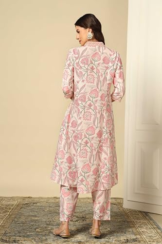 Off White Semi Cotton Floral Kurta Set for Women - Image 2