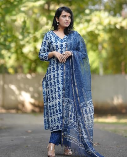 Alvami Women Kurta Pant Dupatta Set Blue - Image 4