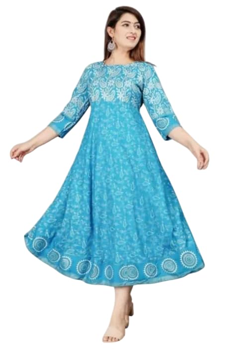 GarbGlide Women's Floral Print Rayon Anarkali Dress - Turquoise Blue