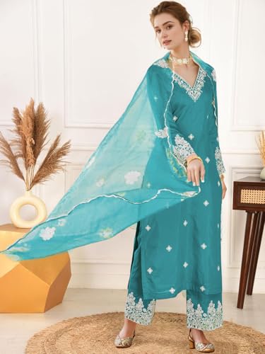 SHIENZY Women's Embroidered Chanderi Kurta Pant Set - Image 2