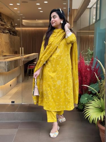 ANNI DESIGNER Women's Rayon Viscose Kurta with Pant & Dupatta - Yellow - Image 2