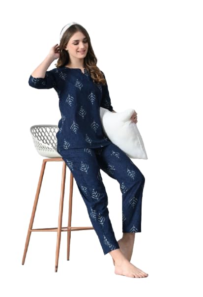 Ichaa Women's Blue Cotton Printed Nightwear Kurta - Image 3