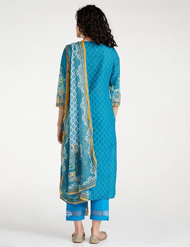 BIBA Women Cotton Printed Salwar Kurta Dupatta - Turquoise - Image 2