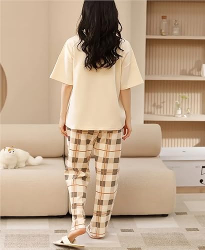 Luxe Beige Geometric Cotton Blend Pajama Set for Women - Image 4