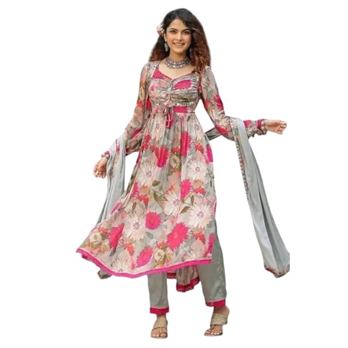 Georgette Anarkali Kurta Set for Women - Pink Grey
