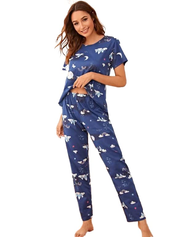 SMOWKLY Navy Blue Printed Night Suit for Women