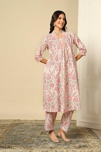 Off White Semi Cotton Floral Kurta Set for Women - Image 3