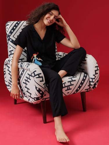 Clovia Women's Cotton Printed Shirt & Pajama Set - Black - Image 3