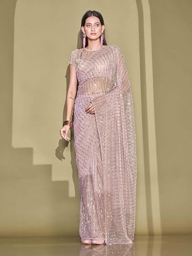 Womanista Foil Embellished Lycra Saree for Women - Pink - Image 2