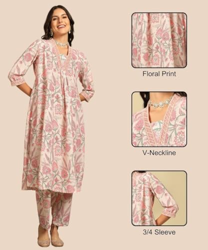 Off White Semi Cotton Floral Kurta Set for Women - Image 4