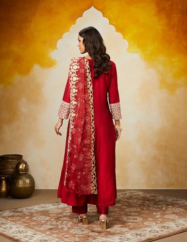 Myx Women's Embroidered Anarkali Kurta Set - Deep Red - Image 2