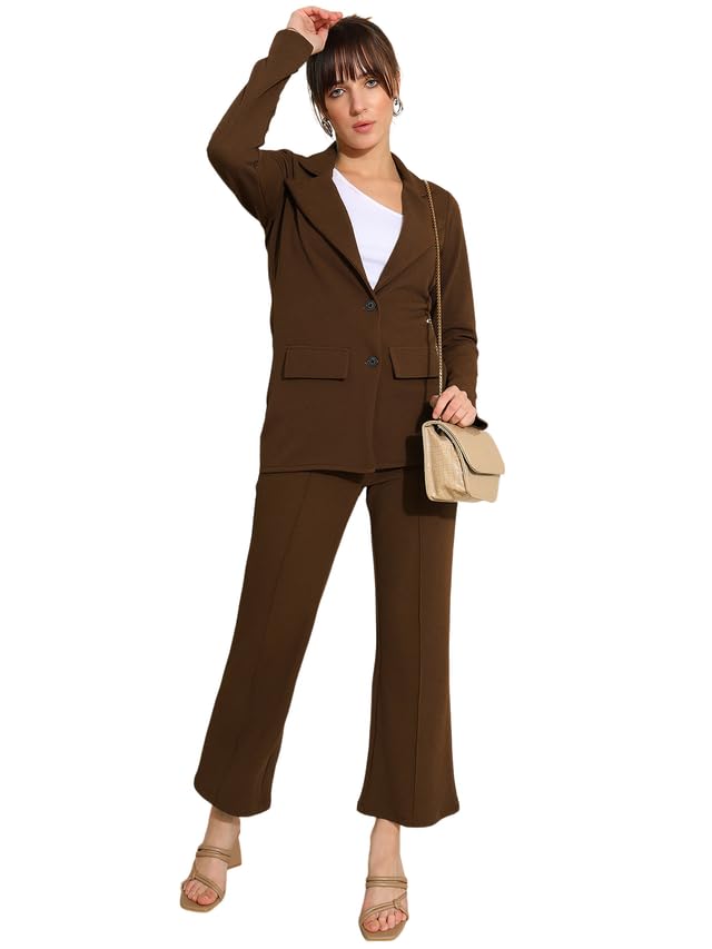 Selvia Brown Lycra Blazer & Trouser Suit for Women