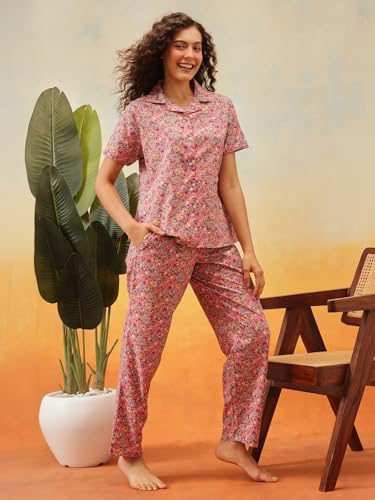 Clovia Women's Cotton Floral Printed Shirt & Pyjama Set - Pink - Image 3