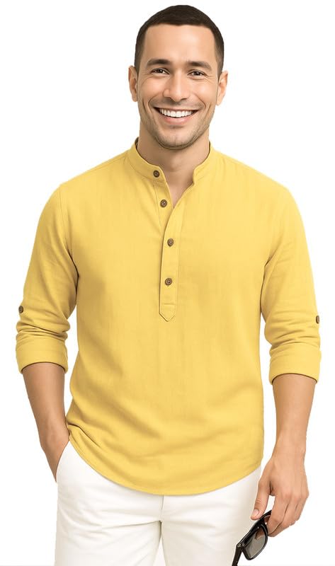 DEELMO Men's Cotton Blend Short Kurta - Yellow & Black - Image 4