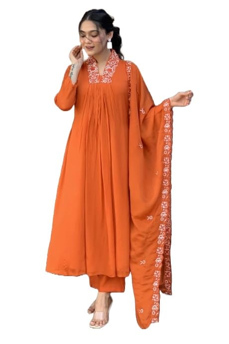 Nermosa Women Kurta Pant Set with Dupatta - Orange