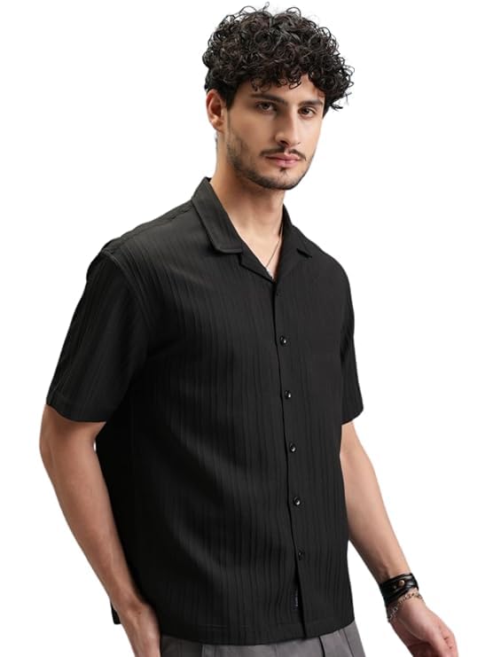 Funky Rich Men's Black Textured Popcorn Shirt - Image 4