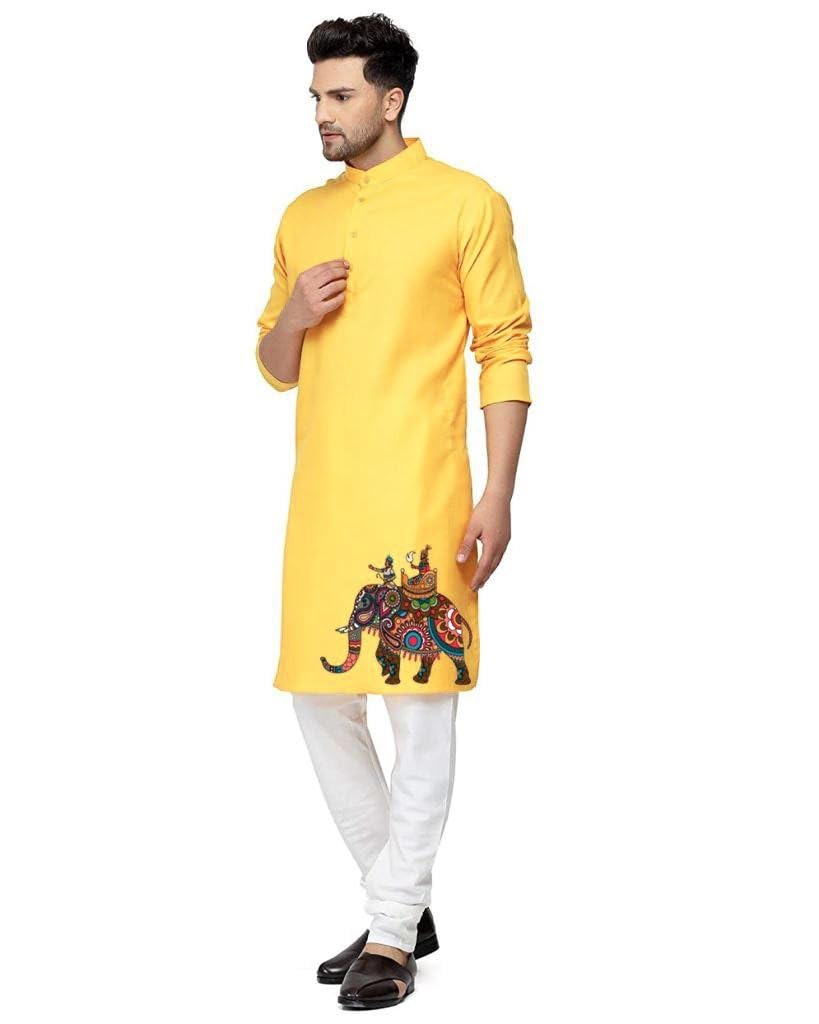 Enmozz Men's Digital Printed Kurta - Yellow