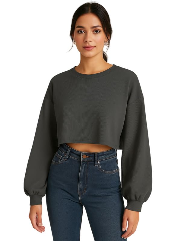 DTR FASHION Women's Grey Cotton Blend Crop T-Shirt