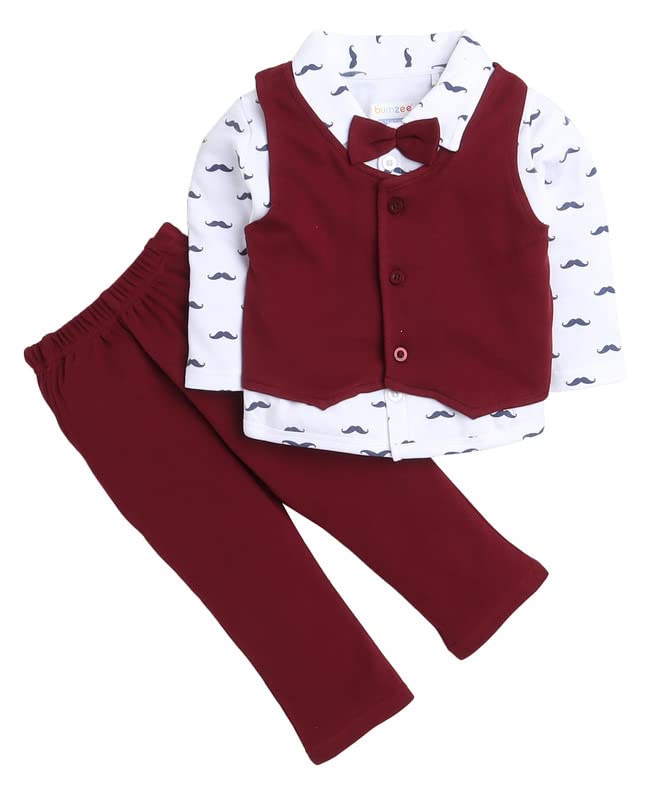 BUMZEE Boys Shirt Waistcoat & Pant Set - Maroon White