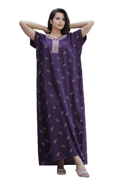 Pure Cotton Jaipuri Maxi Nighty for Women - Purple