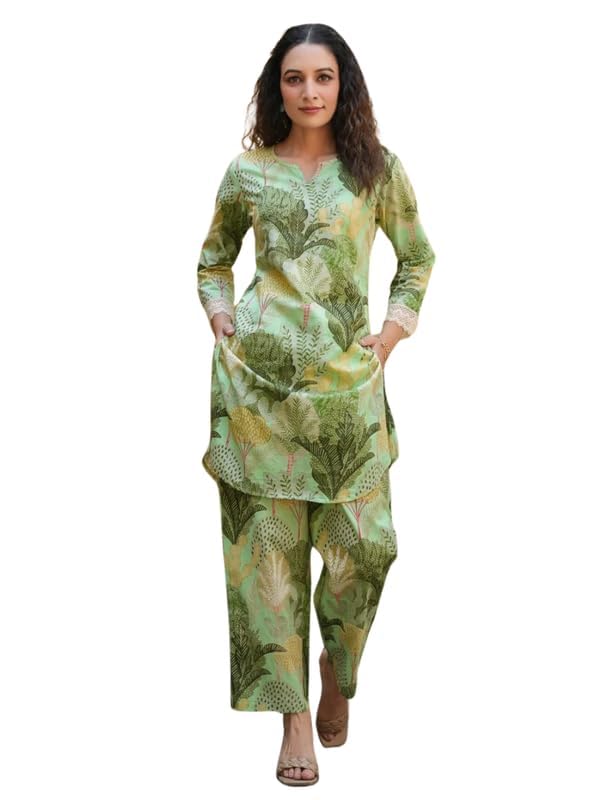 NAINVISH Women Green Printed Straight Cotton Blend V-Neck Co-ord Set - Image 2