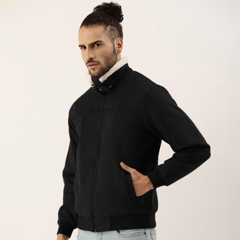 Campus Sutra Obsidian Black Fur-Lined Suede Bomber Jacket for Men - Image 2