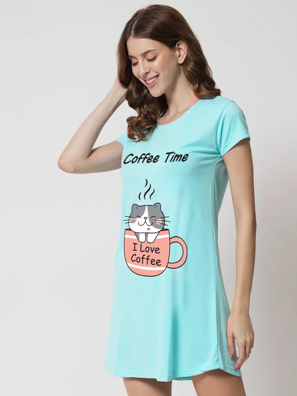 Fflirtygo Turquoise Printed Cotton Nighty for Women - Image 3