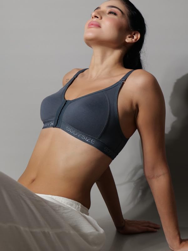 BODYSIZE Front Open Bra for Women - Grey Cotton - Image 5