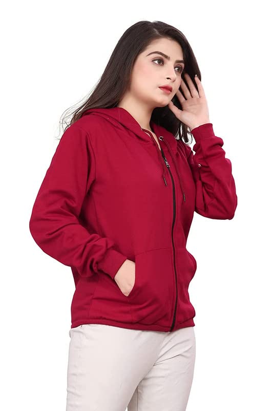 Women's Casual Hoodie with Zipper - Maroon - Image 3