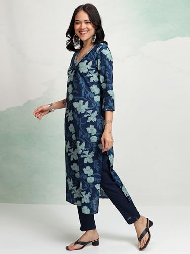 Vishudh Women's Cotton Blend Kurta - Navy Blue - Image 5