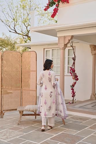 FABNEX Women's Cotton Blend Kurta Set - White - Image 4