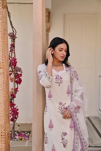 FABNEX Women's Cotton Blend Kurta Set - White - Image 3