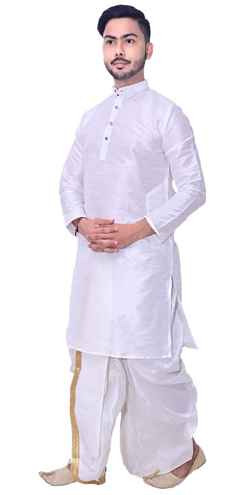 Om Fashion Men Silk Kurta Dhoti Set - White - Image 3