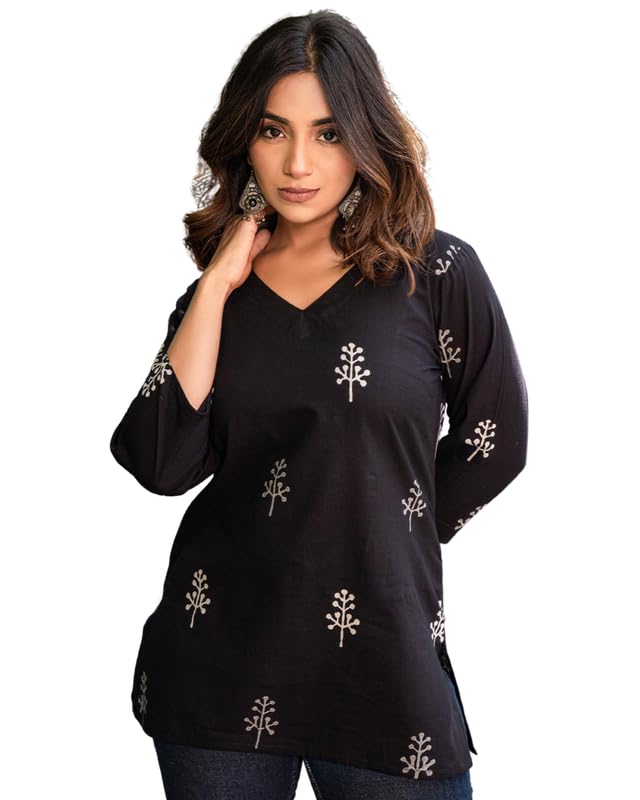 Black Floral Rayon Kurta for Women