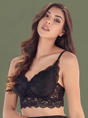 Clovia Women's Lace Padded Wire Free Bralette Bra - Black - Image 3