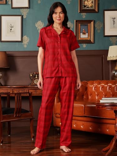 Clovia Red Cotton Checked Shirt Pyjama Set for Women - Image 2