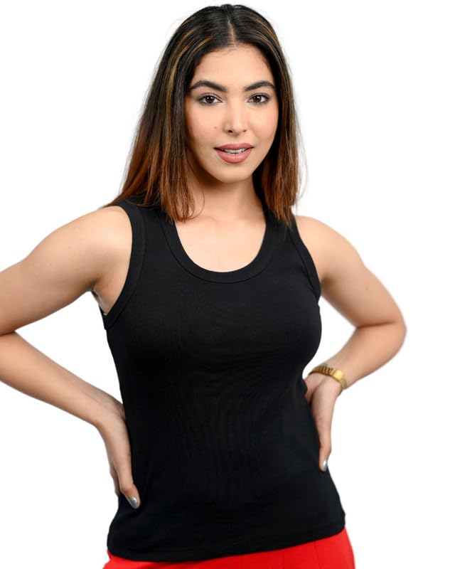Mlada Black Ribbed Knit Cropped Tank Top for Women