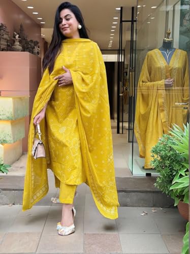 ANNI DESIGNER Women's Rayon Viscose Kurta with Pant & Dupatta - Yellow - Image 4