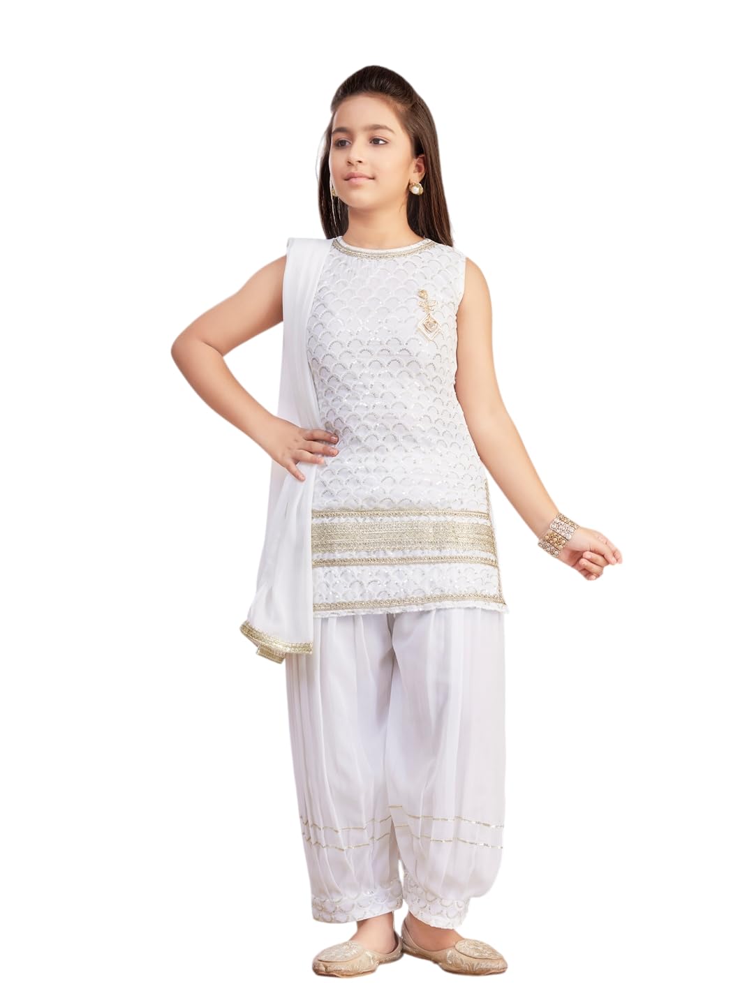 Aarika Girls White Sequin Kurti Patiala Set