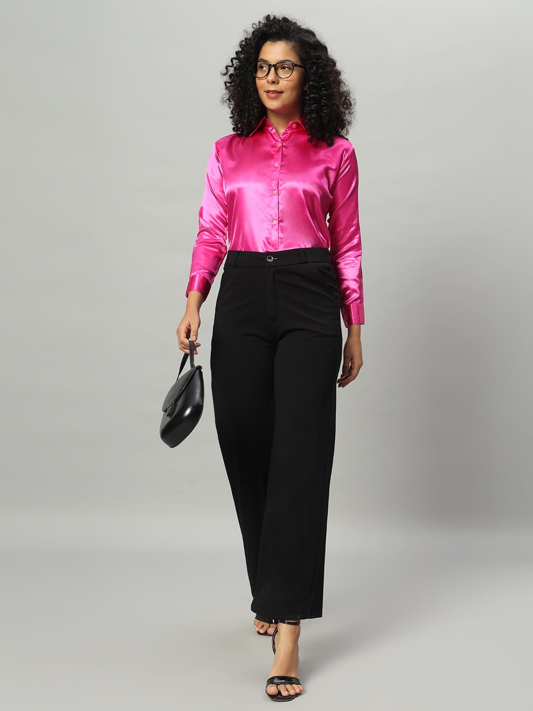 FUNDAY FASHION Women Solid Formal Satin Shirt - Rani Pink - Image 5