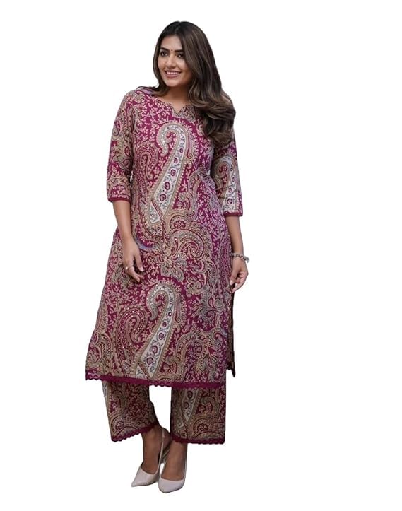 Nermosa Women Viscose Printed Kurta Pant Set - Maroon