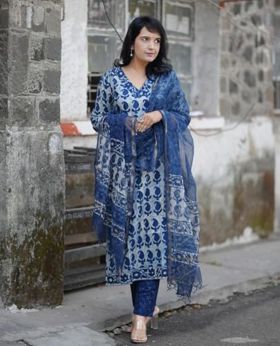 Alvami Women Kurta Pant Dupatta Set Blue - Image 3