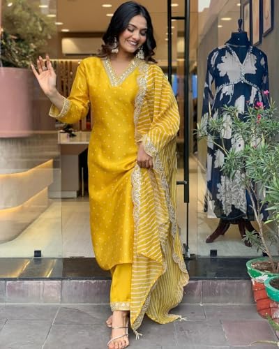 Yellow Silk Blend Kurta Pant Set with Dupatta for Women - Image 4