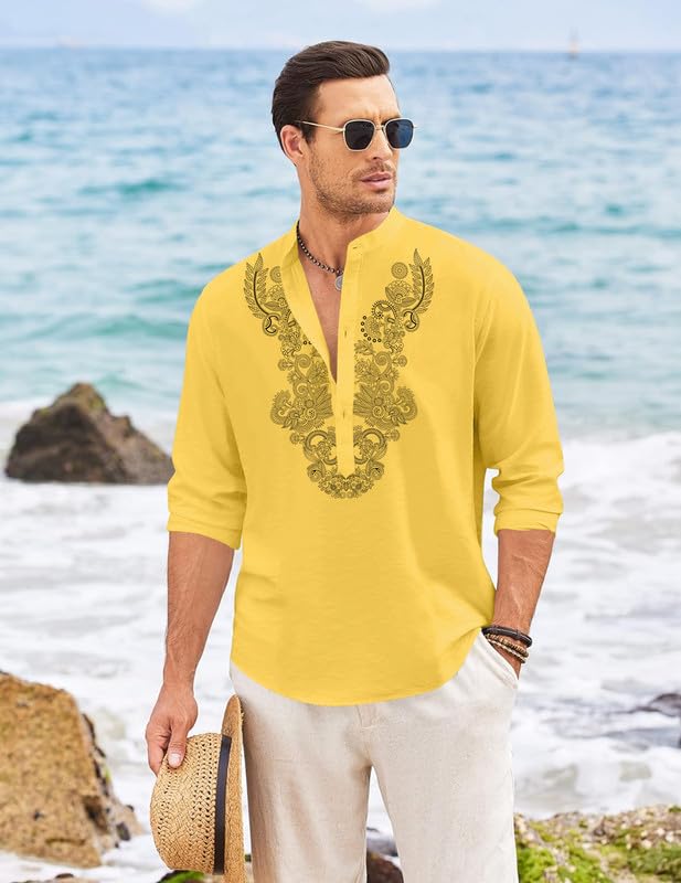 FINIVO Men's Yellow Cotton Blend Printed Kurta - Image 3