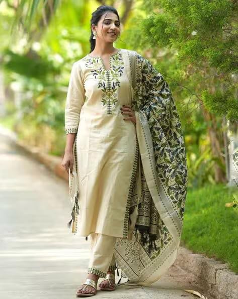 Kurthnic Women's Embroidered Kurta with Pant & Dupatta - Green - Image 3