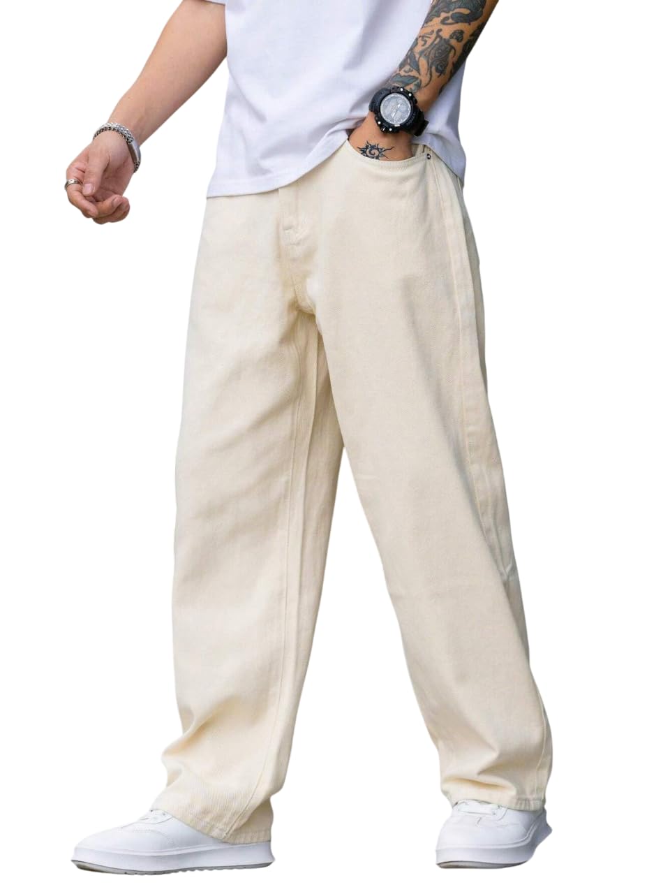 JVX Men Mid Rise Loose Fit Jeans - Cream