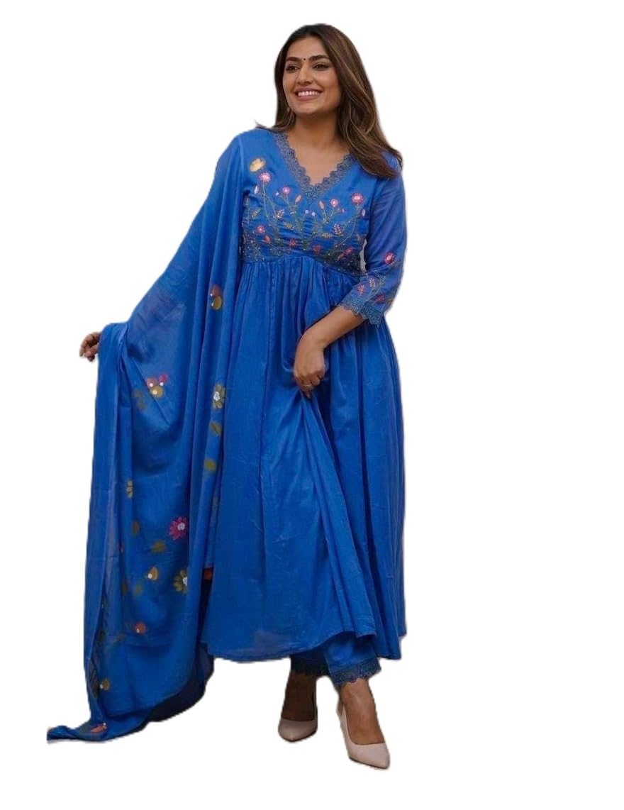 Preeson Women's Blue Cotton Embroidered Kurti