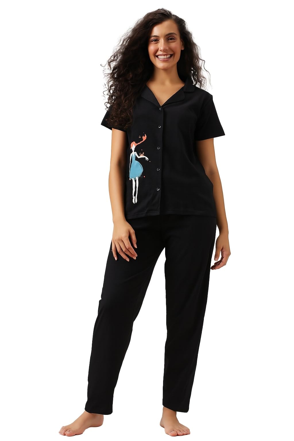 Clovia Women's Cotton Printed Shirt & Pajama Set - Black