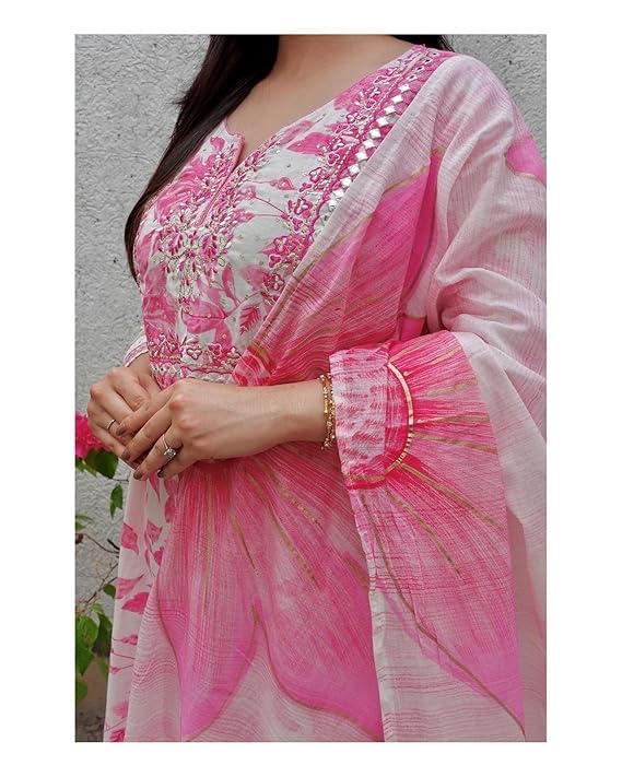 Kurti Pant Dupatta Set for Women - Pink Floral - Image 3